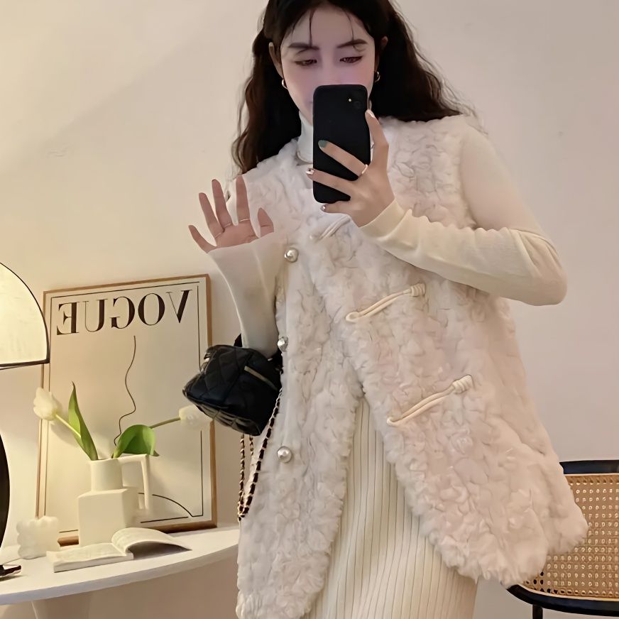 Women'S Fashion Gilet - Damenwesten Lammplüsch Weiß Herbst Dame Giletes