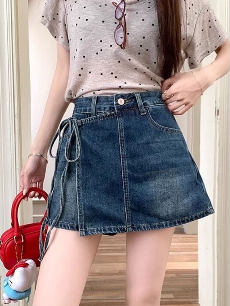 Denim Shorts Women - Damen High-Waist Denim Skort Hellblau Gewaschen