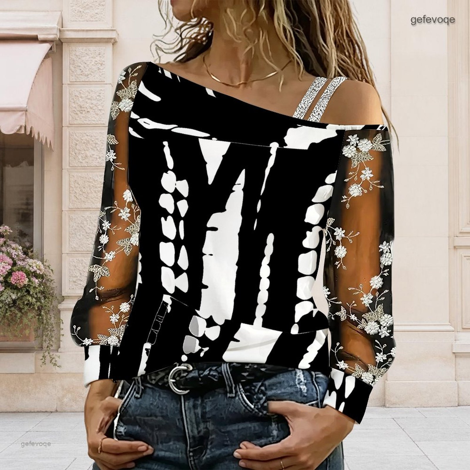 Asymmetric Top Women - Damen Off-Shoulder Bluse Asymmetrisches One-Shoulder-Top Spitze
