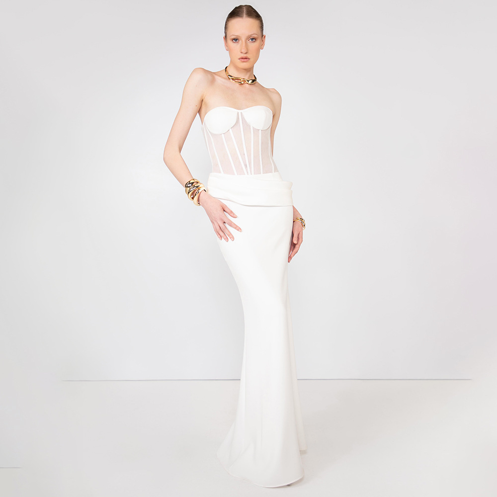 Women Fashion Dress Names - Sexy Durchsichtiges Fischgräten-Abendkleid mit Langer Schleppe