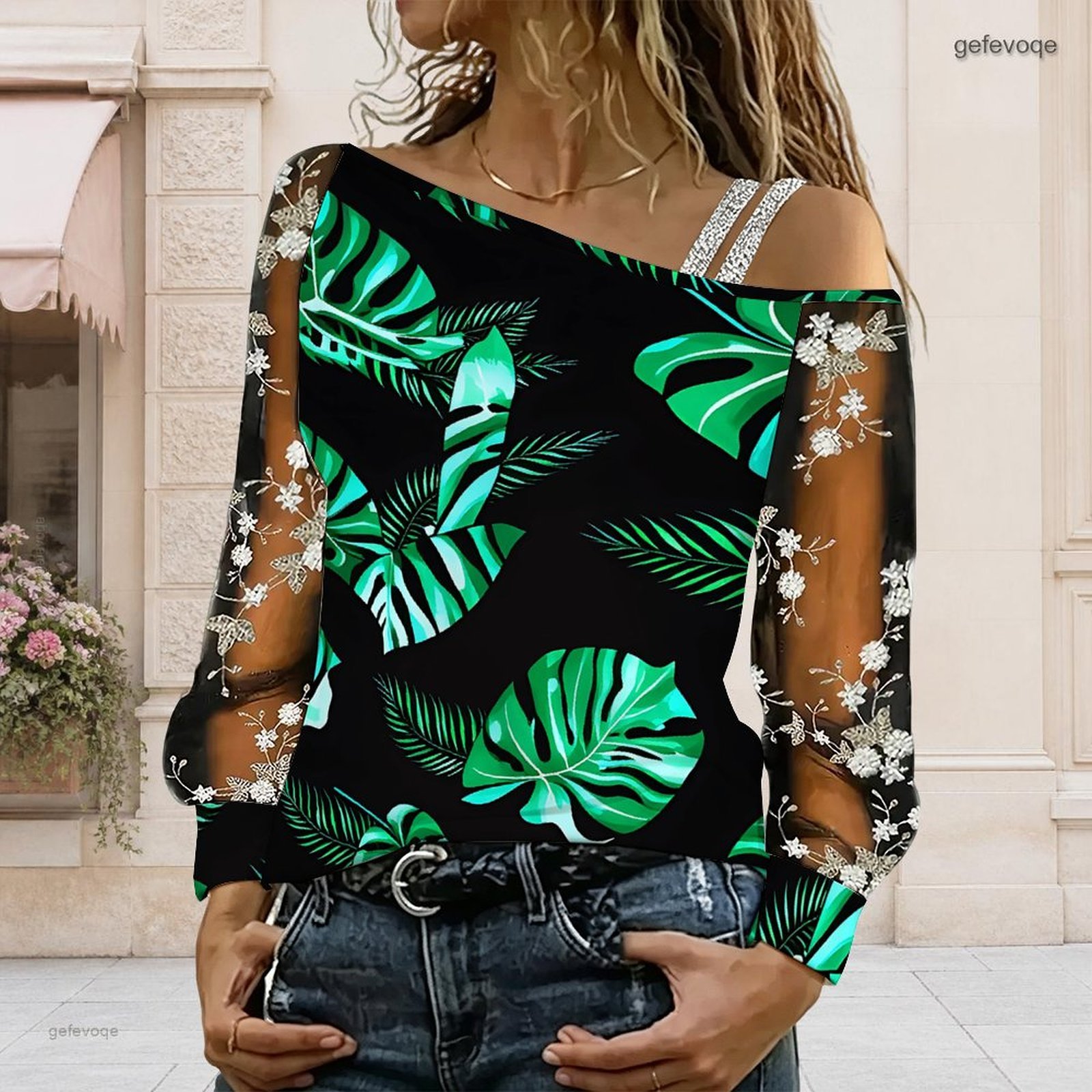 Asymmetric Top Women - Damen Off-Shoulder Bluse Asymmetrisches One-Shoulder-Top Spitze