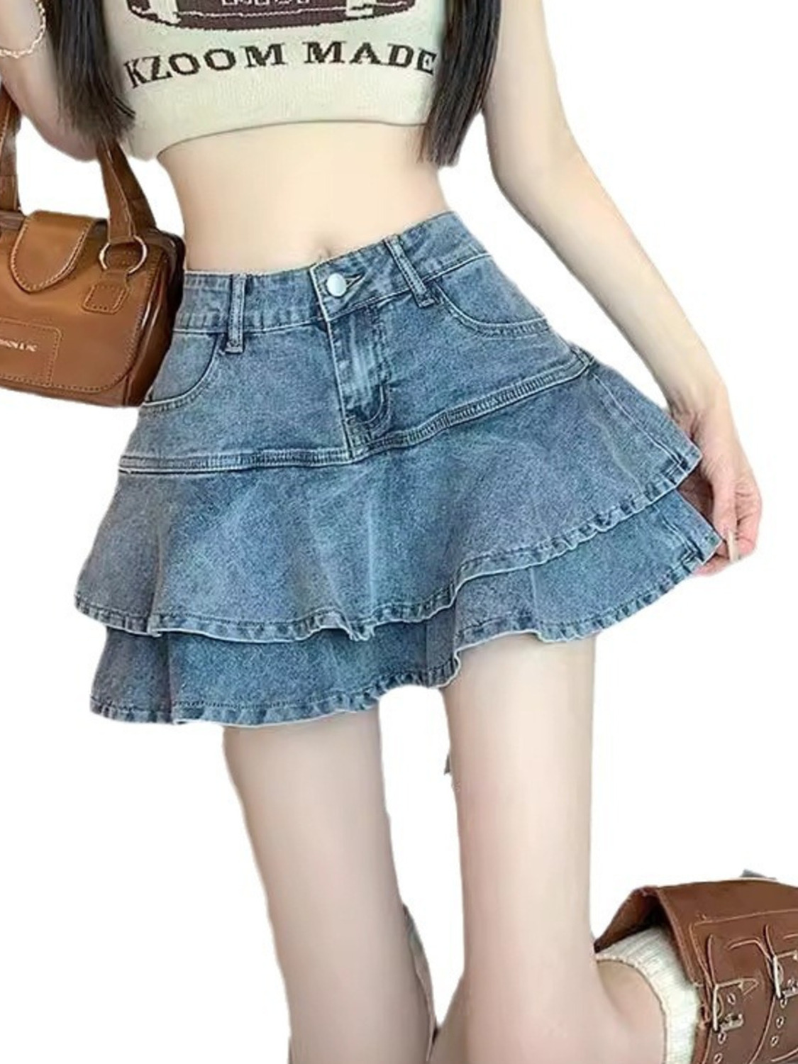Denim Shorts Women - Damen Vintage Washed Denim Mehrlagiger Rüschen-Skort