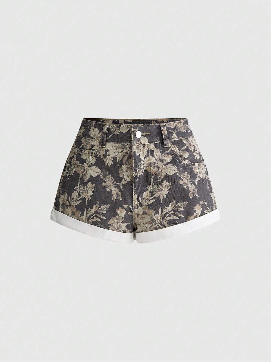 Denim Shorts Women - Damen-Jeansshorts mit Blumenmuster, hoher Taille und