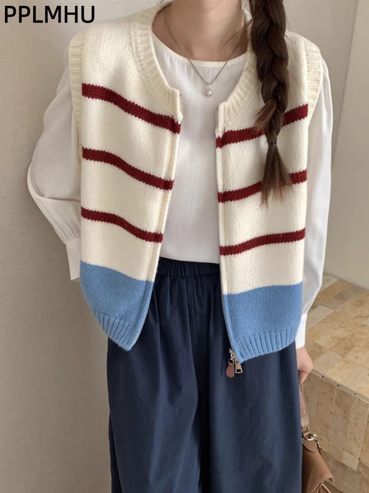 Women'S Fashion Gilet - Gestreifte Strickjacke mit Reißverschluss, gestrickte Weste
