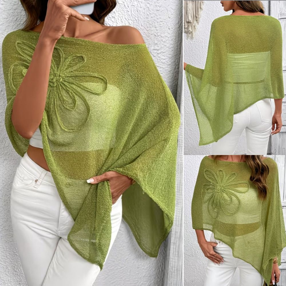 Asymmetric Top Women - Schulterfreie Poncho-Tops mit Transparentem Design, Blumenmuster,