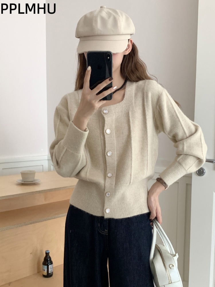 Women'S Fashion Gilet - Koreanische Mode Quadratischer Kragen Strickjacke Damen
