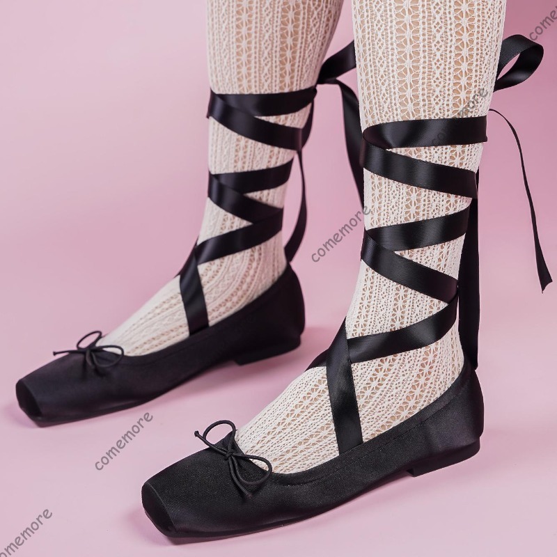 Women'S Fashion Footwear - Damen-Ballerinas mit Satinband und Krawatte, quadratische