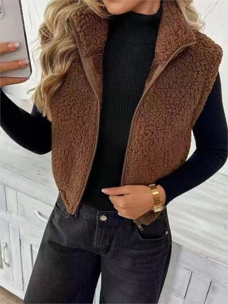 Women'S Fashion Gilet - Damen Plüschweste, Herbstmode, Stehkragen, Reißverschluss, ärmellos,