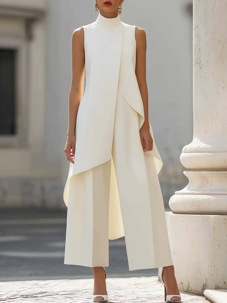 Asymmetric Top Women - Damen Zweiteiler in Unifarbe Ärmelloses Hochgeschlossenes
